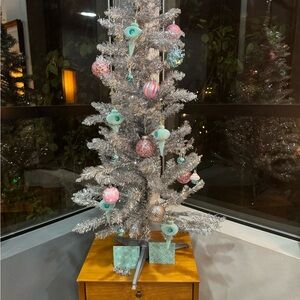 Silver Christmas Tree with Pink and Blue Ornaments